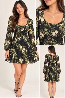 Reformation Wilder Dress Black Green Floral Long Sleeves Keyhole Back Size 12